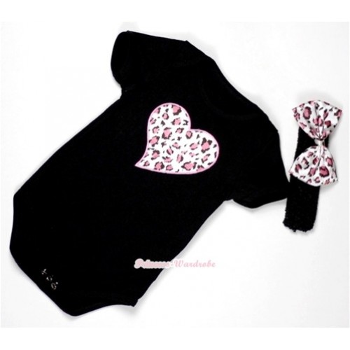 Black Baby Jumpsuit with Light Pink Leopard Heart Print With Black Headband & Light Pink Leopard Satin Bow TH311 