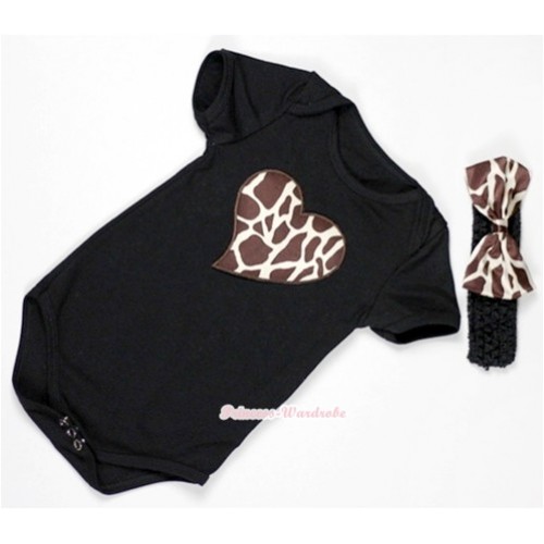 Black Baby Jumpsuit with Brown Giraffe Heart Print With Black Headband & Brown Giraffe Satin Bow TH313 