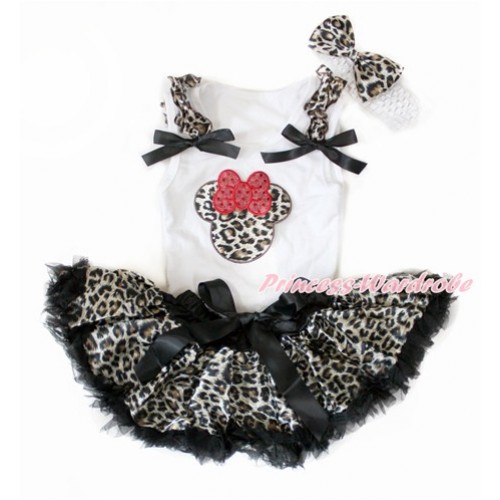 White Baby Pettitop with Leopard Ruffles & Black Bows with Leopard Minnie Print & Black Leopard Newborn Pettiskirt With White Headband Leopard Satin Bow NG1399 