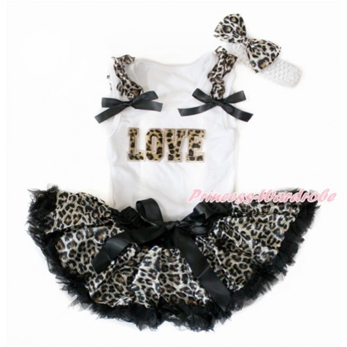 White Baby Pettitop with Leopard Ruffles & Black Bows with Leopard LOVE Print & Black Leopard Newborn Pettiskirt With White Headband Leopard Satin Bow NG1400 
