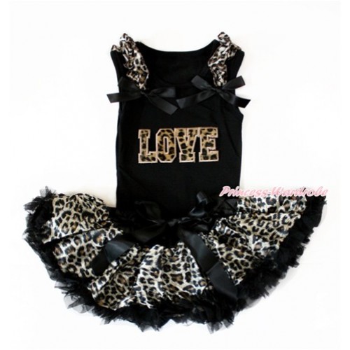 Black Baby Pettitop with Leopard Ruffles & Black Bow with Leopard LOVE Print with Black Leopard Newborn Pettiskirt NG1401 