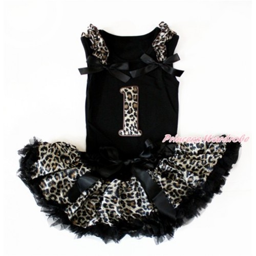 Black Baby Pettitop with Leopard Ruffles & Black Bow with 1st Leopard Birthday Number Print with Black Leopard Newborn Pettiskirt NG1403 