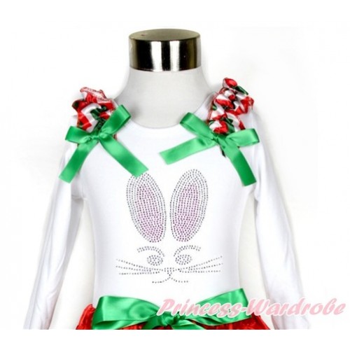 Easter White Long Sleeves Top With Red White Green Wave Ruffles & Kelly Green Bow with Sparkle Crystal Bling Rhinestone Bunny Rabbit Print TW450 