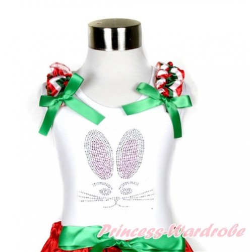 Easter White Tank Top With Red White Green Wave Ruffles & Kelly Green Bow With Sparkle Crystal Bling Rhinestone Bunny Rabbit Print TB671 