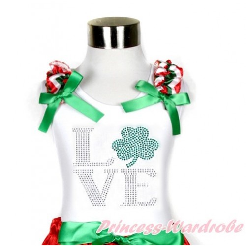 St Patrick's Day White Tank Top With Red White Green Wave Ruffles & Kelly Green Bow With Sparkle Crystal Bling Rhinestone Love Clover Print TB672 