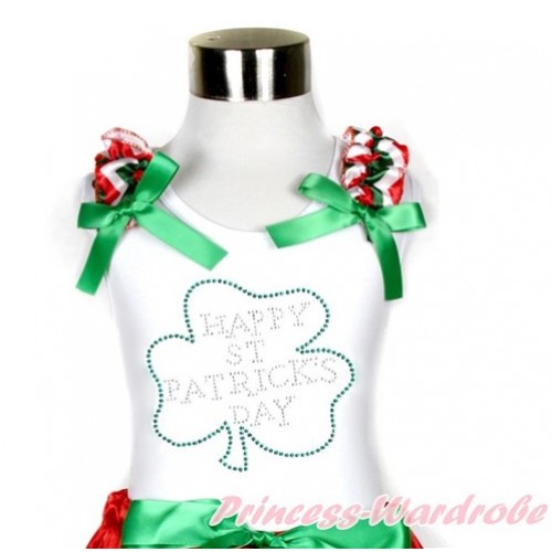 St Patrick's Day White Tank Top With Red White Green Wave Ruffles & Kelly Green Bow With Sparkle Crystal Bling Rhinestone Clover Print TB673 