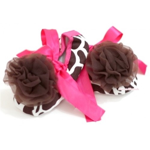 Giraffe Shoes with Hot Pink Ribbon Crib Shoes With Brown Rosettes S510 