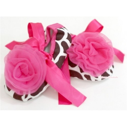 Giraffe Shoes with Hot Pink Ribbon Crib Shoes With Hot Pink Rosettes S511 