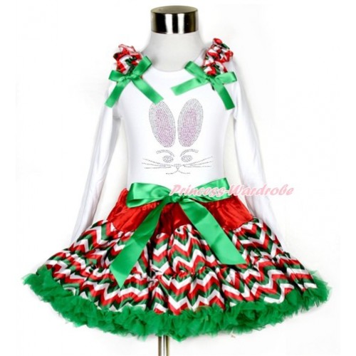 Easter White Long Sleeve Top with Red White Green Wave Ruffles and Kelly Green Bow with Sparkle Crystal Bling Rhinestone Bunny Rabbit Print & Red White Green Wave Pettiskirt MW464 