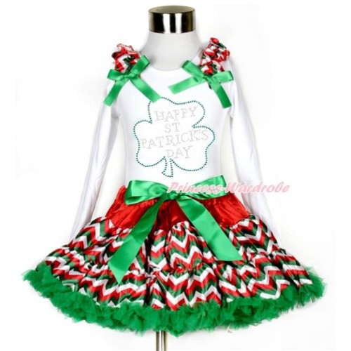 St Patrick's Day White Long Sleeve Top with Red White Green Wave Ruffles and Kelly Green Bow with Sparkle Crystal Bling Rhinestone Clover Print & Red White Green Wave Pettiskirt MW466 