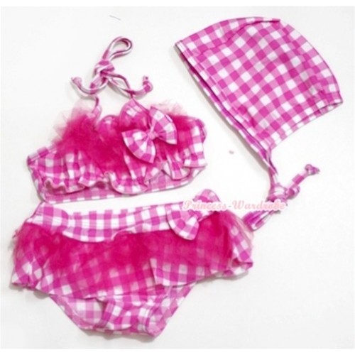Hot Pink White Checked Bikni Swimming Suit with Swim Cap SW58 