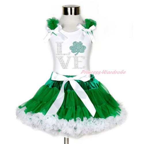 St Patrick's Day White Tank Top with Kelly Green Ruffles & White Bow with Sparkle Crystal Bling Rhinestone Love Clover Print & Kelly Green White Pettiskirt MG1056 
