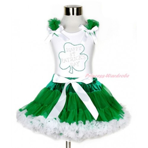 St Patrick's Day White Tank Top with Kelly Green Ruffles & White Bow with Sparkle Crystal Bling Rhinestone Clover Print & Kelly Green White Pettiskirt MG1057 