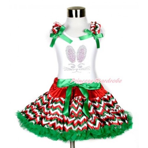 Easter White Tank Top with Red White Green Wave Ruffles & Kelly Green Bows with Sparkle Crystal Bling Rhinestone Bunny Rabbit Print With Red White Green Wave Pettiskirt MG1058 
