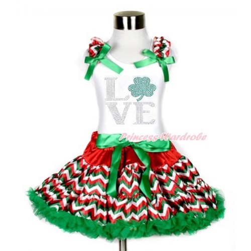 St Patrick's Day White Tank Top with Red White Green Wave Ruffles & Kelly Green Bows with Sparkle Crystal Bling Rhinestone Love Clover Print With Red White Green Wave Pettiskirt MG1059 