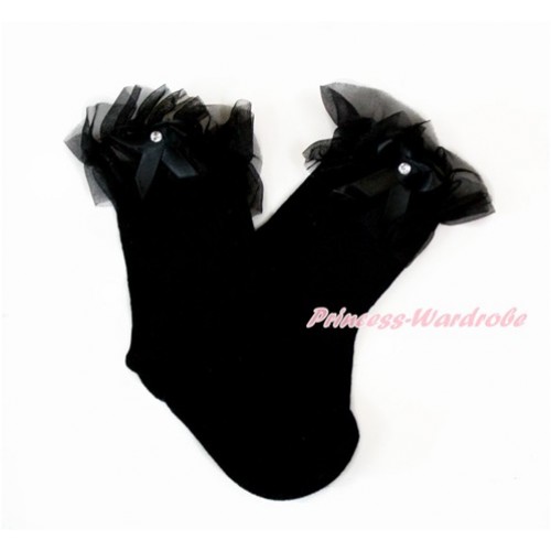 Plain Style Black Socks with Black Ruffles and Bow H315 