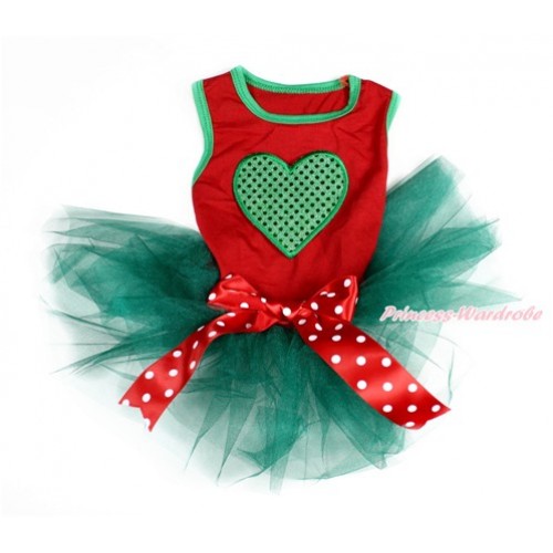 Valentine's Day Red Sleeveless Teal Green Gauze Skirt With Sparkle Kelly Green Heart Print With Red White Polka Dots Bow Pet Dress DC108 