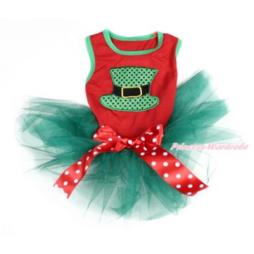 Red Sleeveless Teal Green Gauze Skirt With Sparkle Kelly Green Hat Print With Red White Polka Dots Bow Pet Dress DC109 