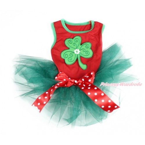St Patrick's Day Red Sleeveless Teal Green Gauze Skirt With Clover Print With Red White Polka Dots Bow Pet Dress DC110 