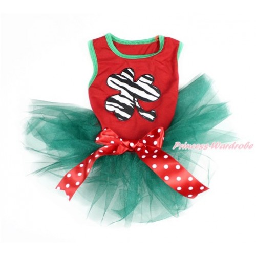 St Patrick's Day Red Sleeveless Teal Green Gauze Skirt With Zebra Clover Print With Red White Polka Dots Bow Pet Dress DC111 