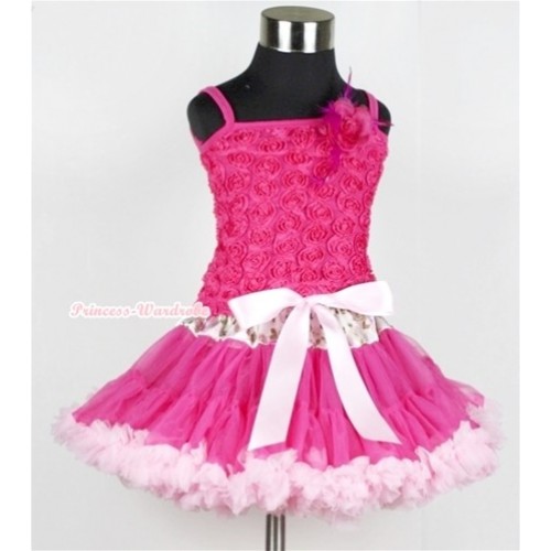 Hot Pink Romantic Rose Strap Pettitop With Hot Pink Feather Rosettes With Rose Fusion Waist Hot Light Pink Pettiskirt MR221 
