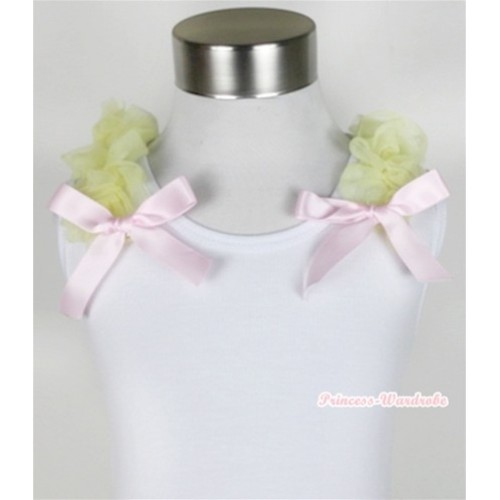 White Tank Top with Yellow Ruffles and Light Pink Bow T491 