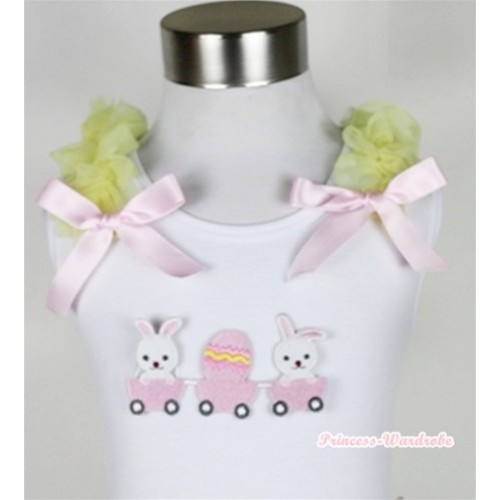 White Tank Top With Bunny Rabbit Egg Print with Yellow Ruffles & Light Pink Bow TB298 