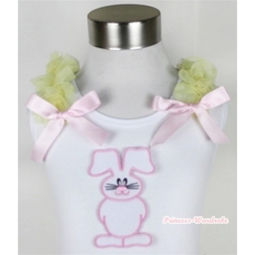 White Tank Top With Bunny Rabbit Print with Yellow Ruffles & Light Pink Bow TB297 