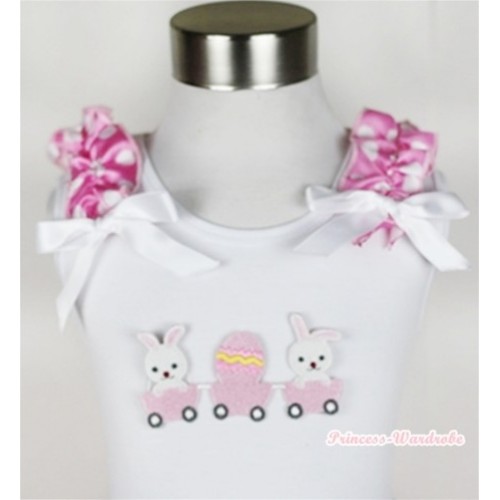 White Tank Top With Bunny Rabbit Egg Print with Hot Pink White Dots Ruffles & White Bow TB307 