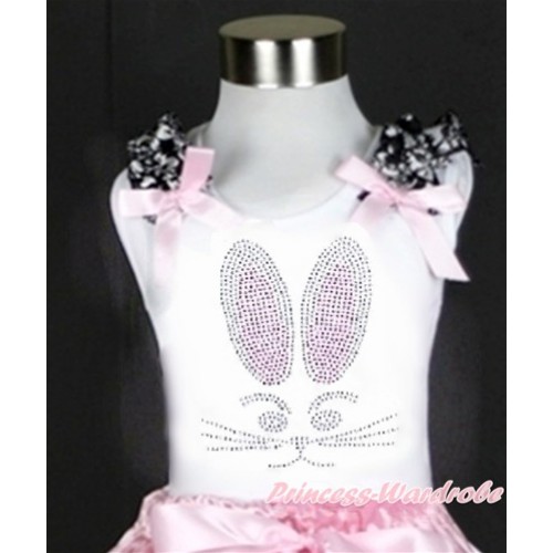 Easter White Tank Top With Damask Ruffles & Light Pink Bow With Sparkle Crystal Bling Rhinestone Bunny Rabbit Print TB676 