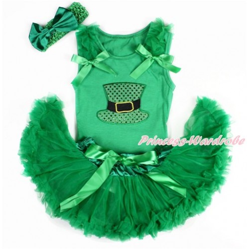 Kelly Green Baby Pettitop with Kelly Green Ruffles & Kelly Green Bows with Sparkle Kelly Green Hat Print & Kelly Green Newborn Pettiskirt With Kelly Green Headband Kelly Green Satin Bow BG116 
