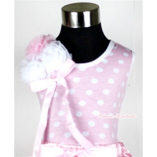 Light Pink White Dots Tank Top with Bunch of One Light Pink Two White Rosettes and Light Pink Bow TP124 