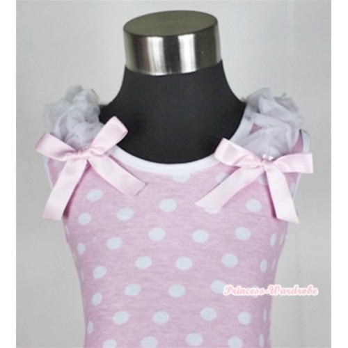 Light Pink White Dots Tank Top with White Ruffles and Light Pink Bows TP125 
