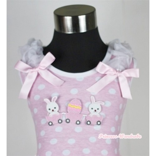Light Pink White Dots Tank Top With Bunny Rabbit Egg Print With White Ruffles & Light Pink Bows TP129 
