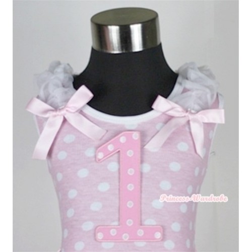 Light Pink White Dots Tank Top With 1st Light Pink White Dots Birthday Number Print With White Ruffles & Light Pink Bows TP130 