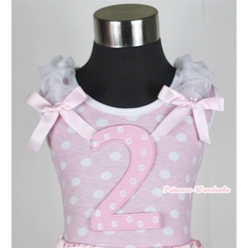 Light Pink White Dots Tank Top With 2nd Light Pink White Dots Birthday Number Print With White Ruffles & Light Pink Bows TP131 