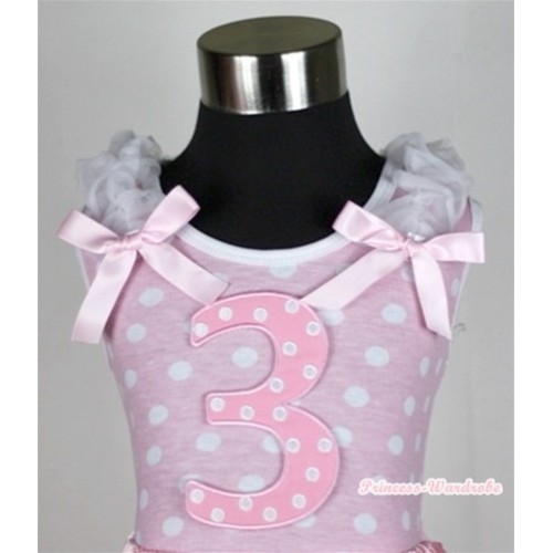 Light Pink White Dots Tank Top With 3st Light Pink White Dots Birthday Number Print With White Ruffles & Light Pink Bows TP132 