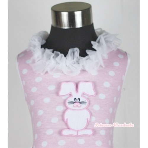 Light Pink White Dots Tank Tops with Bunny Rabbit Print with White Lacing TP133 