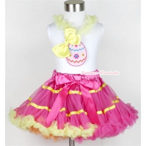 White Tank Top With Yellow Lacing With Easter Egg Print & Yellow Silk Bow With Rainbow Orange Hot Pink Yellow Mix Pettiskirt MG375 