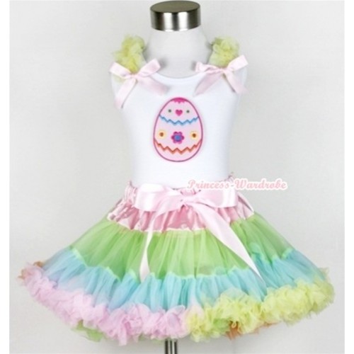White Tank Top with Easter Egg Print with Yellow Ruffles & Light Pink Bow & Light-Colored Rainbow Pettiskirt MG377 