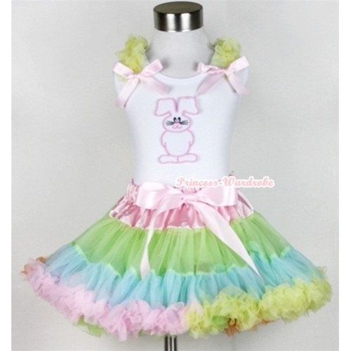 White Tank Top with Bunny Rabbit Print with Yellow Ruffles & Light Pink Bow & Light-Colored Rainbow Pettiskirt MG378 