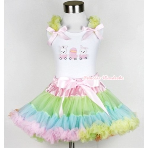 White Tank Top with Bunny Rabbit Egg Print with Yellow Ruffles & Light Pink Bow & Light-Colored Rainbow Pettiskirt MG379 