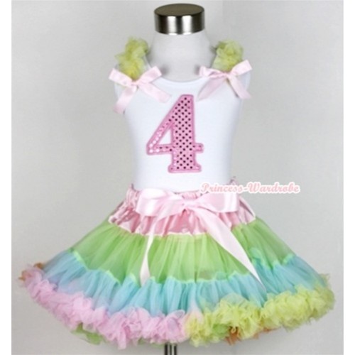 White Tank Top with 4th Sparkle Light Pink Birthday Number Print with Yellow Ruffles & Light Pink Bow & Light-Colored Rainbow Pettiskirt MG383 
