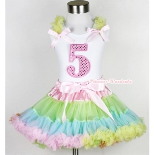 White Tank Top with 5th Sparkle Light Pink Birthday Number Print with Yellow Ruffles & Light Pink Bow & Light-Colored Rainbow Pettiskirt MG384 
