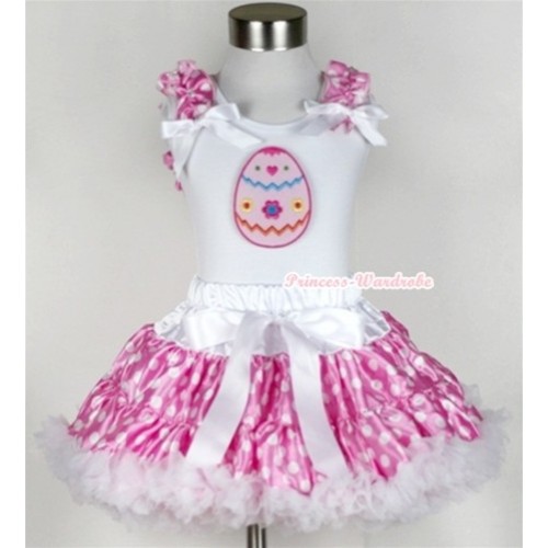 White Tank Top with Easter Egg Print with Hot Pink White Dots Ruffles & White Bow & Hot Pink White Polka Dots Pettiskirt MG385 