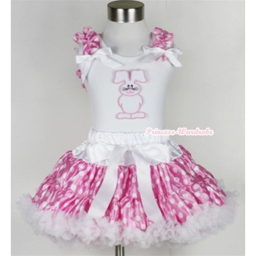White Tank Top with Bunny Rabbit Print with Hot Pink White Dots Ruffles & White Bow & Hot Pink White Polka Dots Pettiskirt MG387 