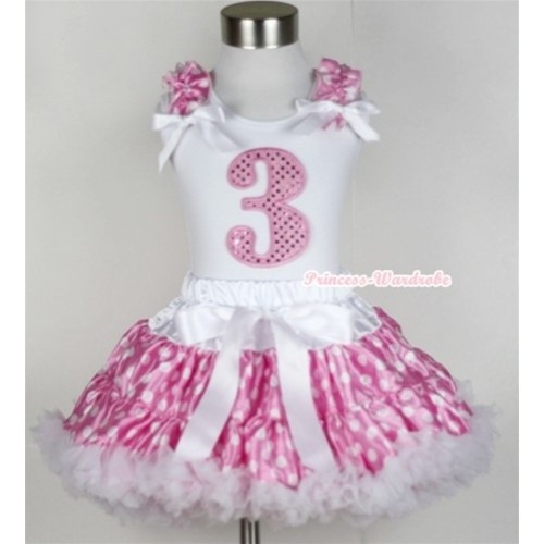 White Tank Top with 3rd Sparkle Light Pink Birthday Number Print with Hot Pink White Dots Ruffles & White Bow & Hot Pink White Polka Dots Pettiskirt MG391 