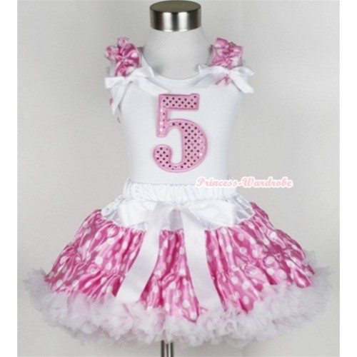 White Tank Top with 5th Sparkle Light Pink Birthday Number Print with Hot Pink White Dots Ruffles & White Bow & Hot Pink White Polka Dots Pettiskirt MG393 