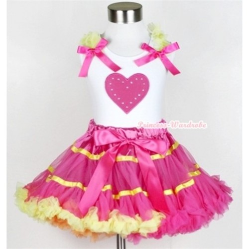 White Tank Top with Hot Pink Heart Print with Yellow Ruffles & Hot Pink Bow & Rainbow Orange Hot Pink Yellow Mix Pettiskirt MG397 