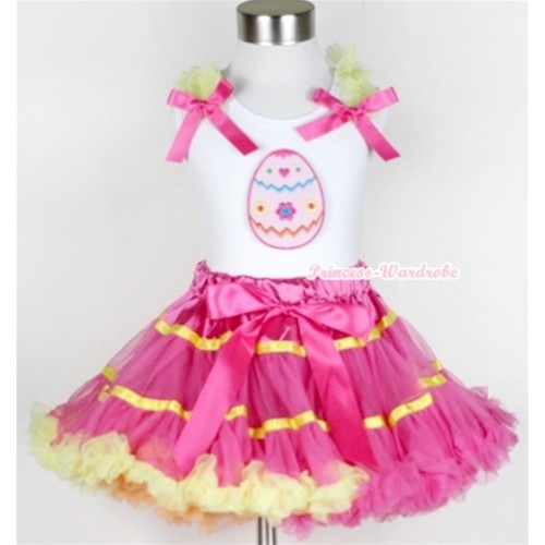 White Tank Top with Easter Egg Print with Yellow Ruffles & Hot Pink Bow & Rainbow Orange Hot Pink Yellow Mix Pettiskirt MG399 